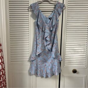 Radiant Rosa Floral Blue Ruffle Dress by Lulu's 
Sz Medium